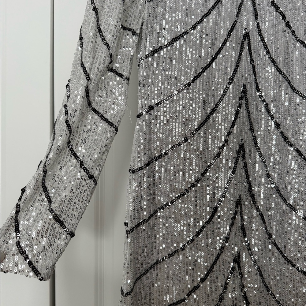 Silver Sequin Long Sleeve Mini Dress - Picture 2 of 6